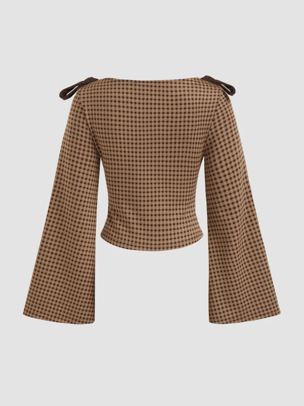 Boat Neck Gingham Bowknot Ruched Long Sleeve Top