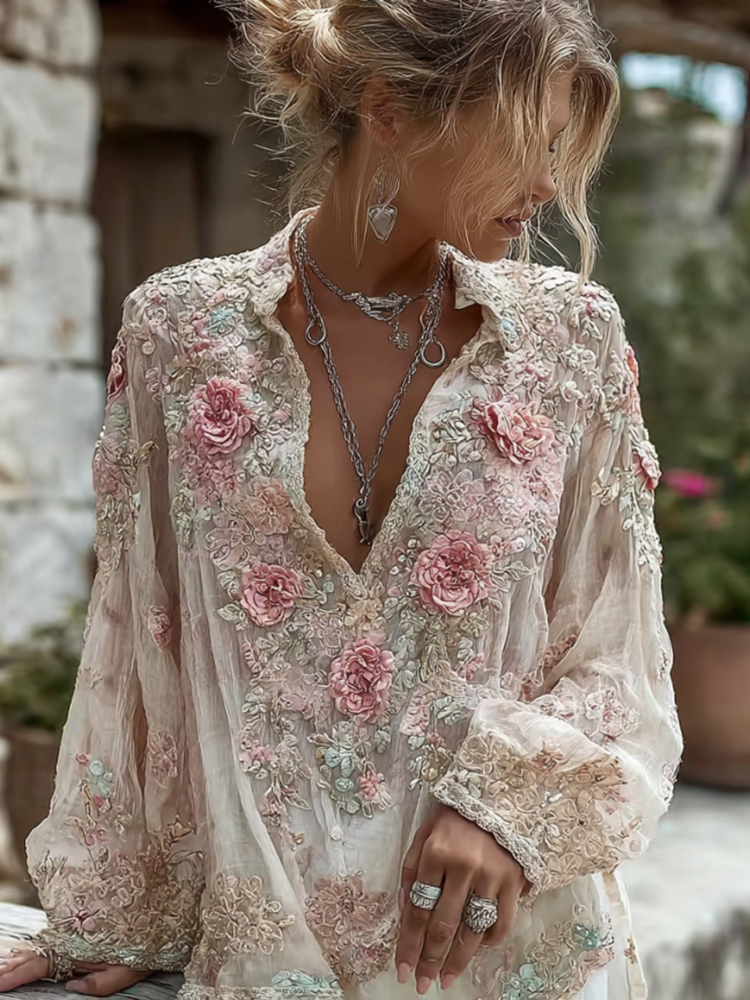Women's Pink Rose Embroidery Art V Neck Long Sleeve Linen Blend Blouse