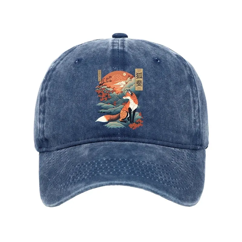 Japanese Kitsune Fox Sakura Washed Cap