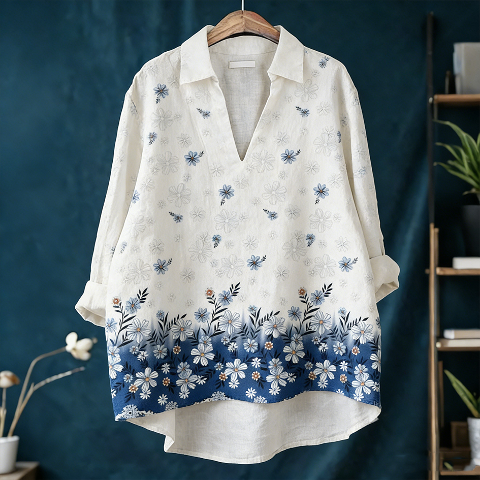 Bohemian Style Plant And Flower Pattern Printed Women's Retro Cotton And Linen Top