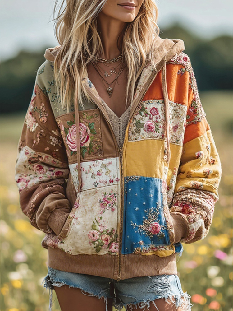 Women's Vintage Floral Patchwork Cozy Warm Zipper Hoodie