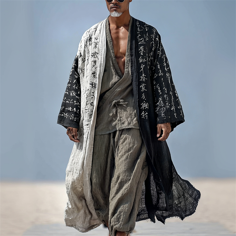 Men's Japanese Calligraphy Contrast Art Flowy Linen Long Kimono