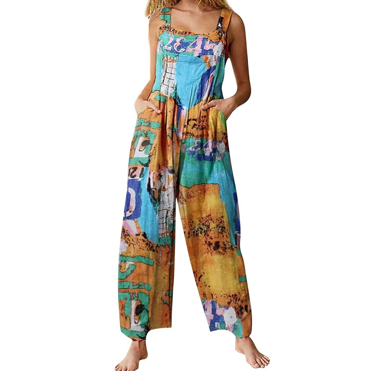 Tanming Women's Patchwork Dual Pocket Jumpsuit Loose Floral Print Bohemian Wide Leg Bib Overall Springfresh