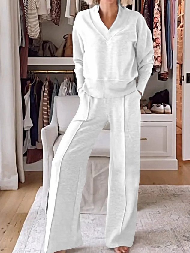 Women's Split Joint Plain Daily Going Out Two-Piece Set White Casual Spring/Fall Top With Pants Matching Set