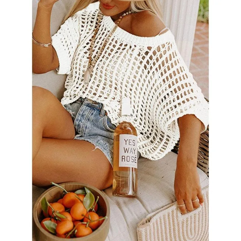 Womens Summer Scoop Neck Short Sleeve Sweater Casual Crochet Hollow Out Knit Tops