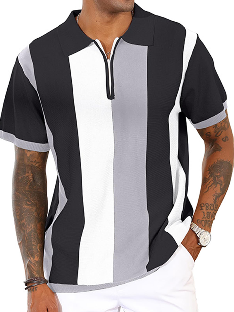 Men's Fashion Polo Shirts Vintage Striped Knitting Shirts Casual Slim Fit Golf Shirts
