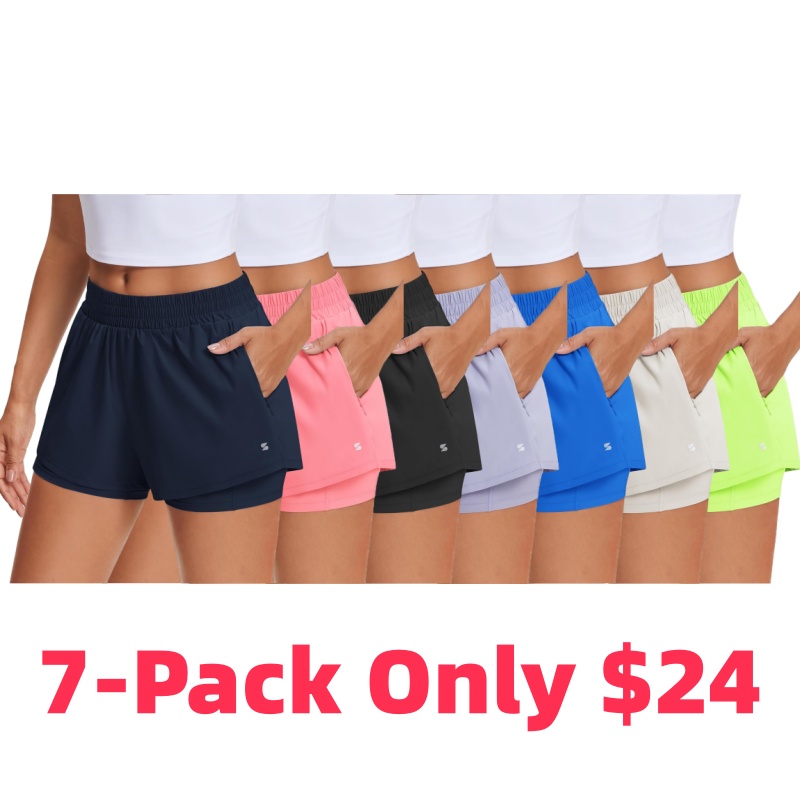 Women's 2 in 1 Running Shorts Athletic Workout Gym Shorts High Waisted Shorts with Liner Zipper Pockets