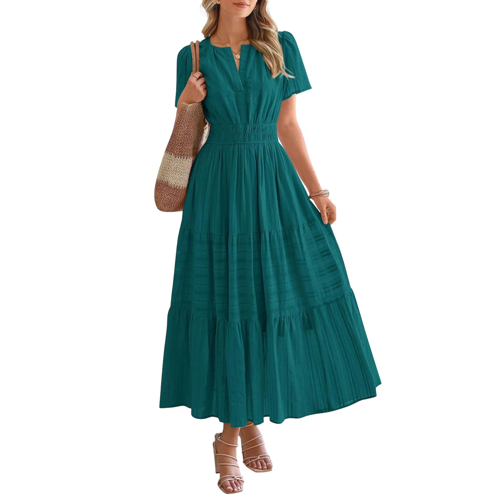 Women's Summer 2026 Casual Maxi Dress Lightweight Short Sleeve V Neck Boho Dress with Pockets