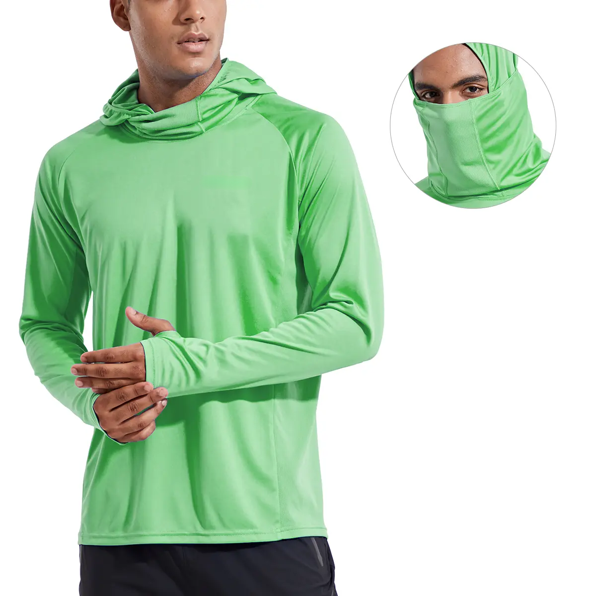 Men Sun Protection Hoodie Face Mask UPF50+ Long Sleeve Thumbholes UV SPF Shirt