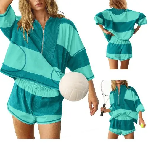 Women Striped Workout Set Two Piece Outfit Tracksuit Oversized Lounge Set