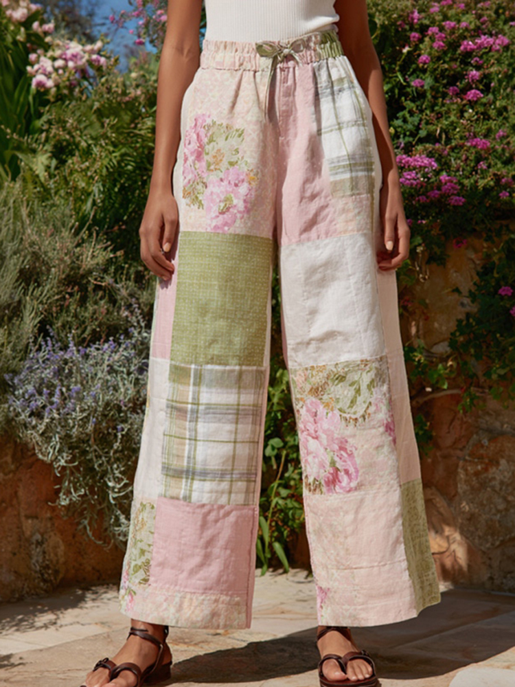 Women's Retro Bohemian Floral Patchwork Linen Trousers