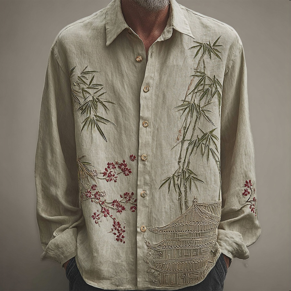 Men's Vintage Japanese Style Bamboo Art Cozy Linen Blouse