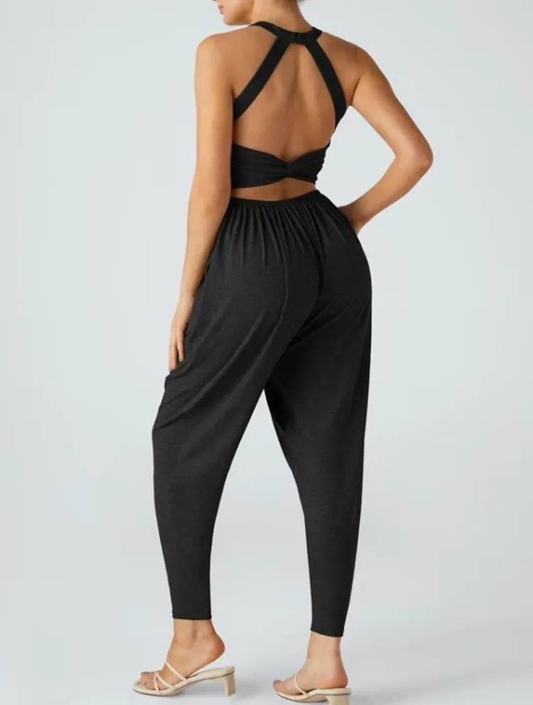 Women's Backless Twisted U-Neck Harem Jumpsuit with Pockets