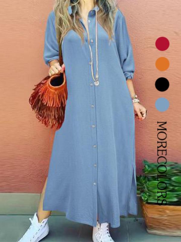 Women's Plain Button Shirt Collar Long Sleeve Dress, Casual Fashion Collared Long Dress for Daily Outdoor Wear, Women Dress for Spring & Summer, Classy Modest Dresses, Womenswear