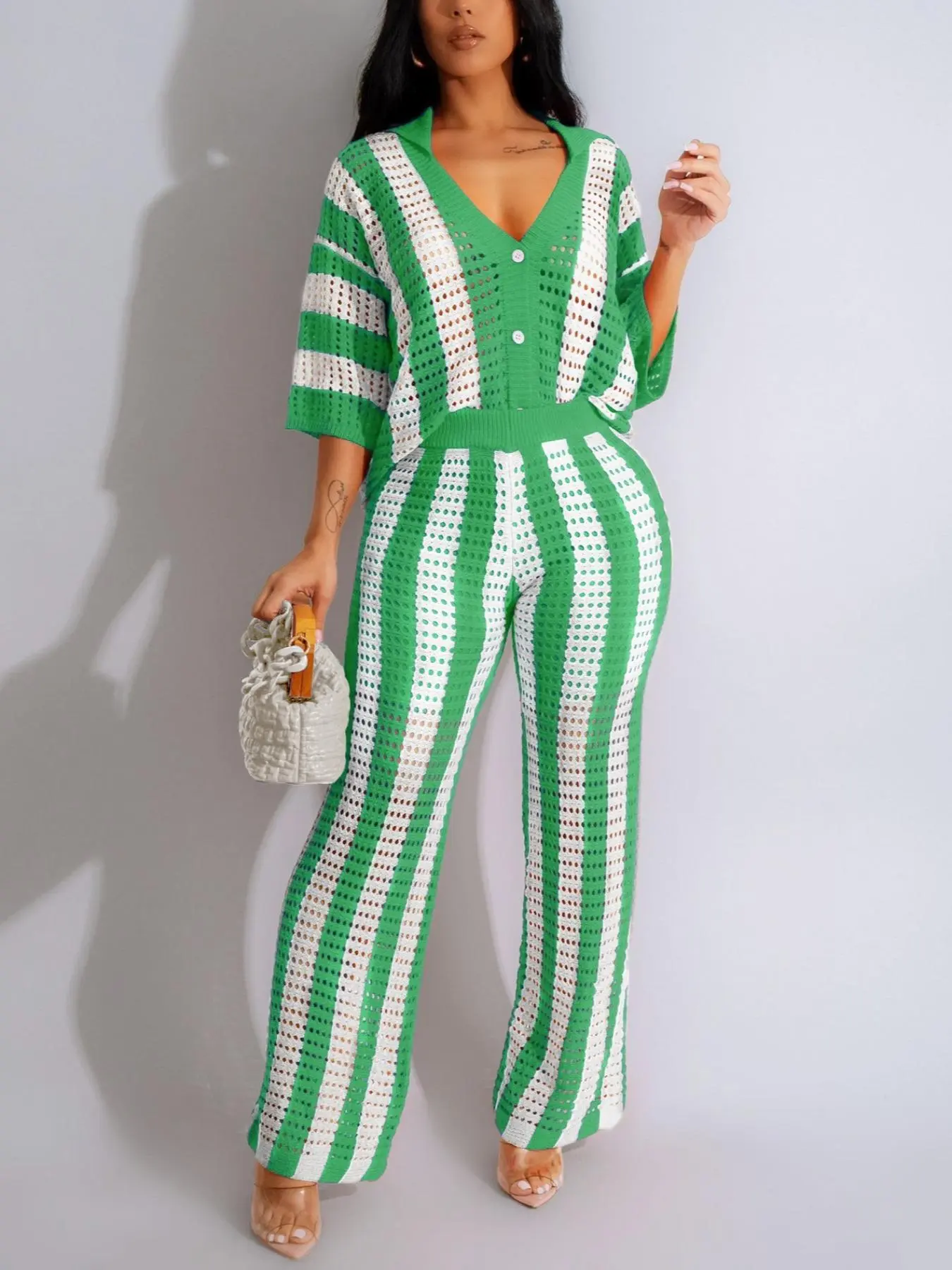 Two-Piece Set Women's Colorblock Striped Print Hollow Out Button Front Top & Wide Leg Pants