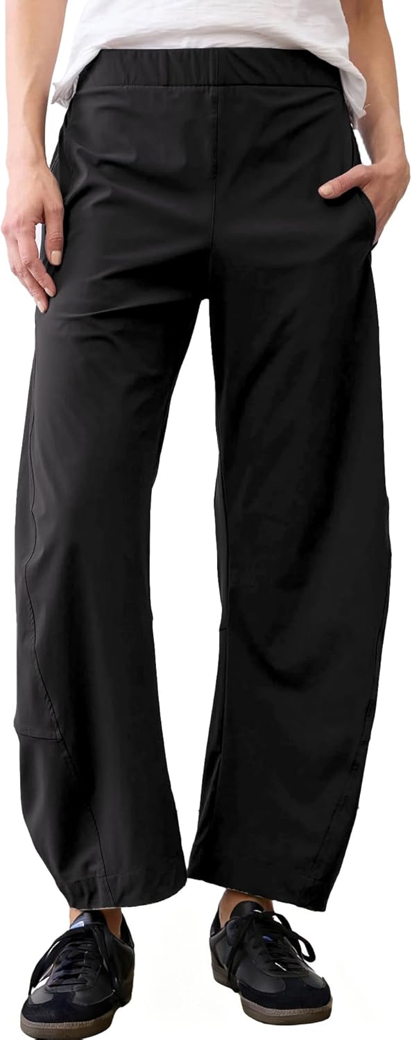 Women Barrel Travel Pants Elastic Waistband Tapered Leg Baggy Mid Rise Work Trousers Lounge Pant with Pockets