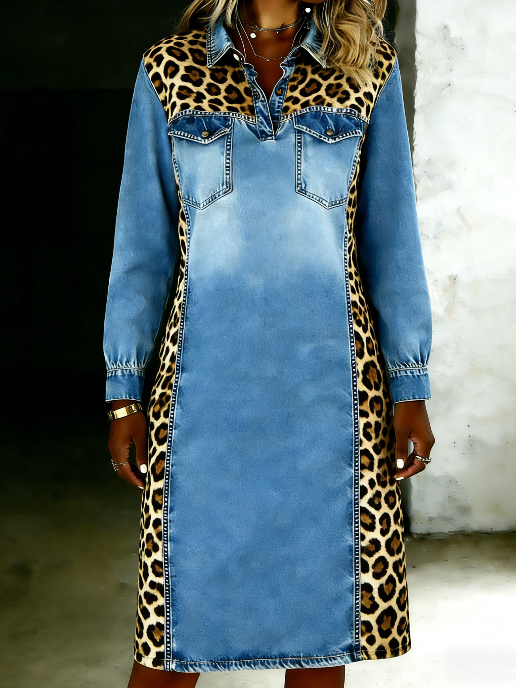 Women's Casual Fashionable Denim Patchwork Contrast Colors Dress