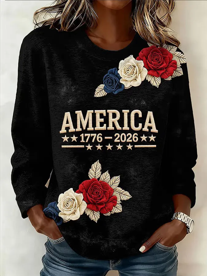 Women'S Retro American Independence Day 250Th Anniversary Printed Round Neck Sweatshirt