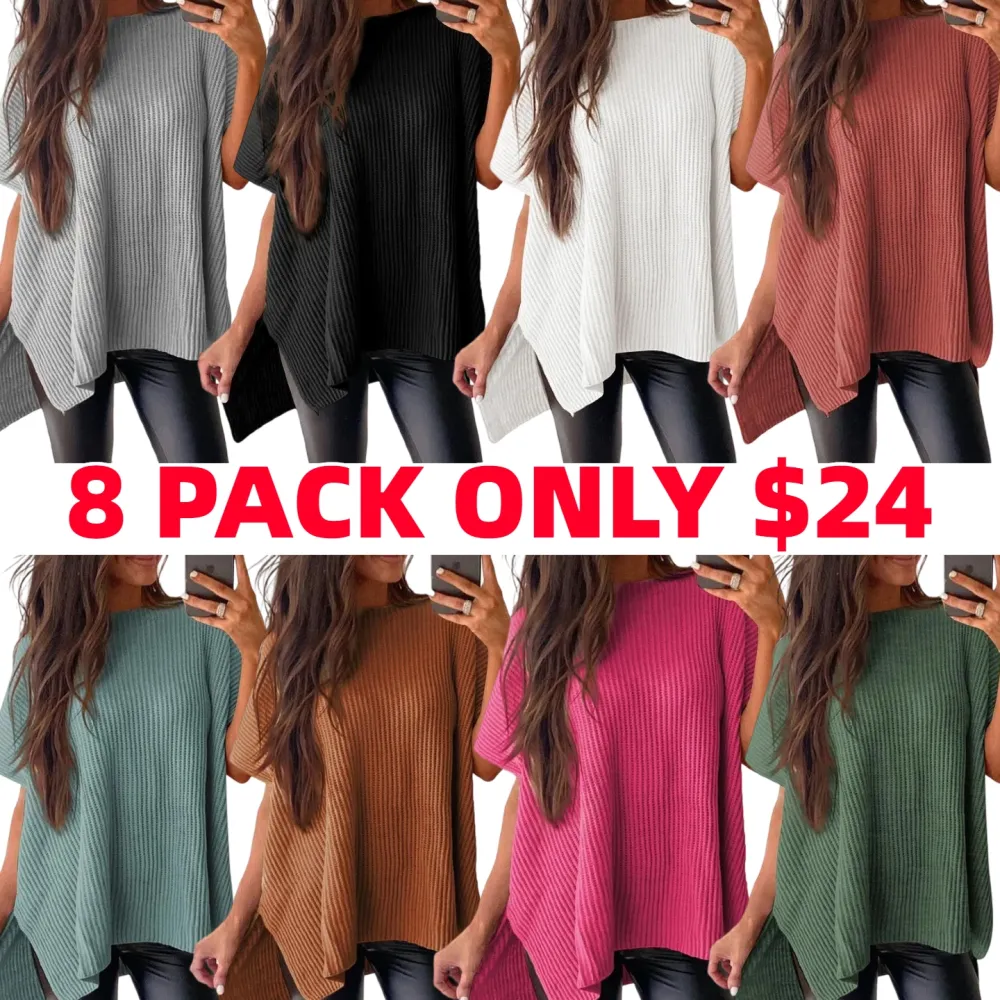 Women’s Oversized Knit Top – Casual Crew Neck Short Sleeve Sweater with Side Slit