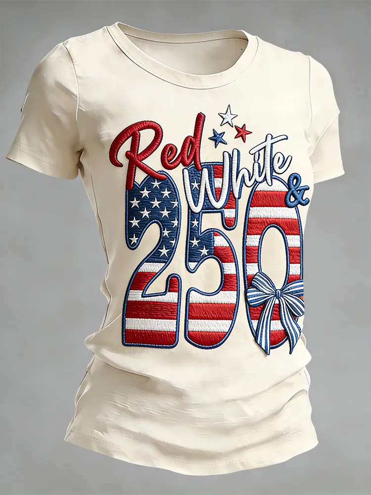 Red and White 250 Patriotic Embroidery Anniversary Commemorative T-shirt