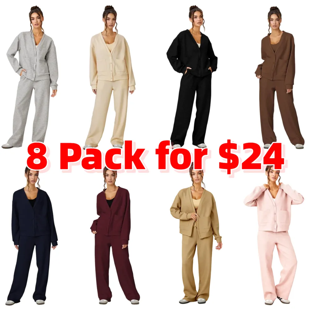 Women's Slouchy Solid Color V Neck Long Sleeve Button Cardigan & Drawstring Waist Trousers Co-ord