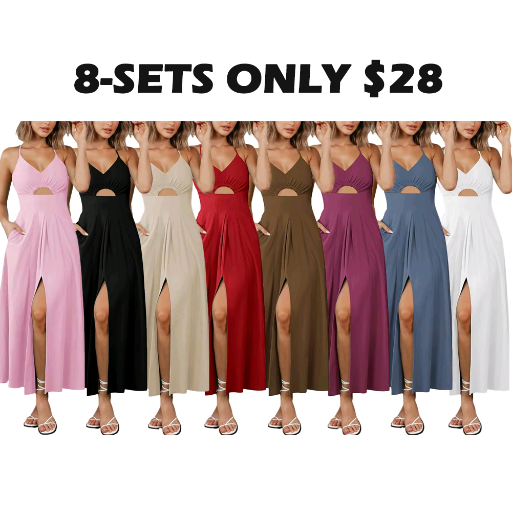 BTFBM Women's 2025 Summer Maxi Dress – Spaghetti Strap V-Neck Sleeveless Dress with Side Slit, Cutout Detail & Pockets | Casual Beach Party Outfit