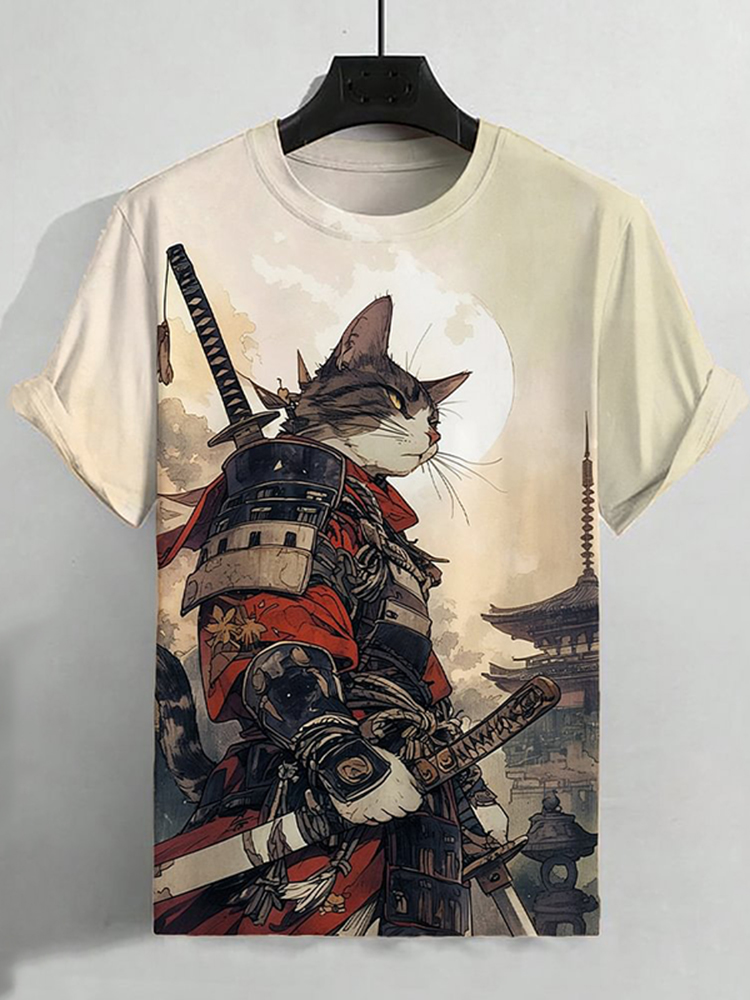 Men's Cat Warrior Guard With Knife Art Print T-shirt