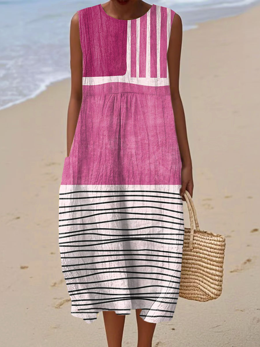 Women's Vintage Abstract Geometry Art Print Sleeveless Cotton Pocket Wrap Dress