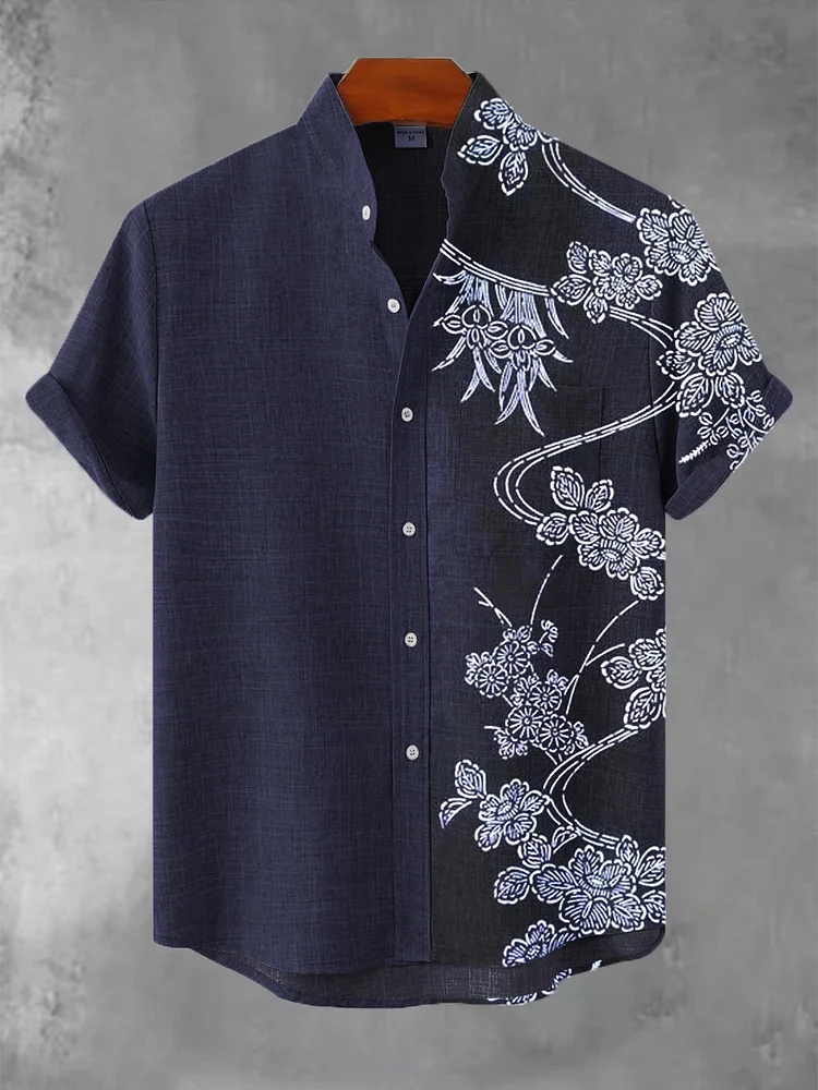 Japanese Art Print Flowers Casual Cotton Shirt