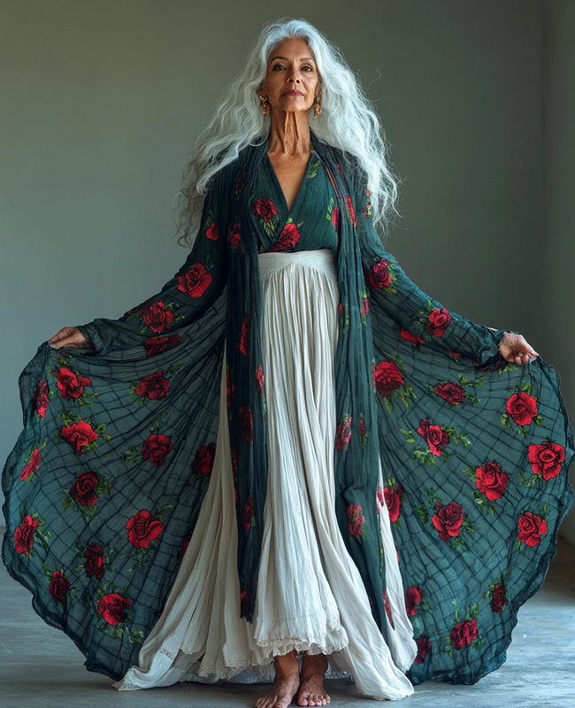 Spring loose color contrast swing top + skirt + kimono three pice set 1042