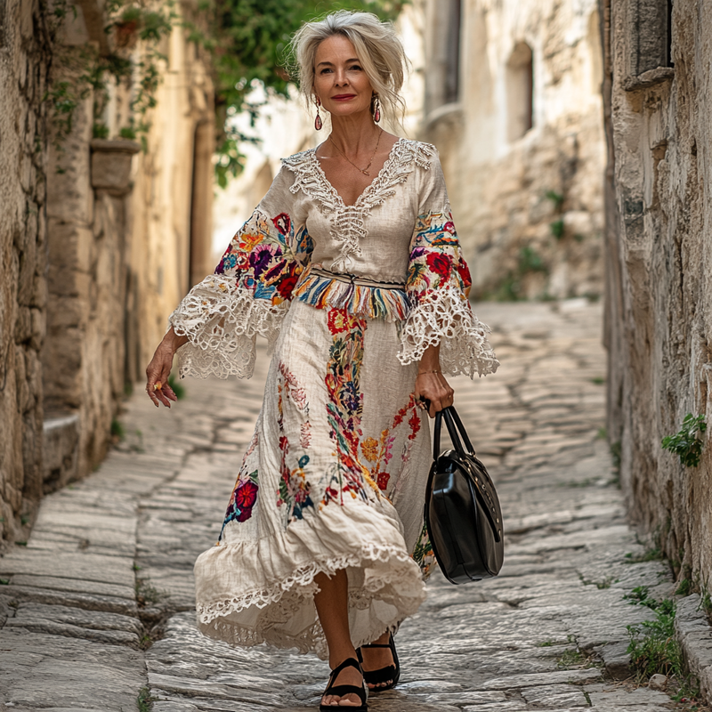 Vintage Loose Linen Patchwork Dress 6c9b