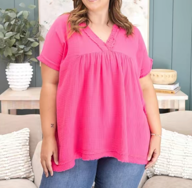 Boho Gauze V-Neck Babydoll Top – Soft Raw Edge Short Sleeve