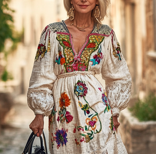 Vintage Loose Linen Patchwork Dress ca4b