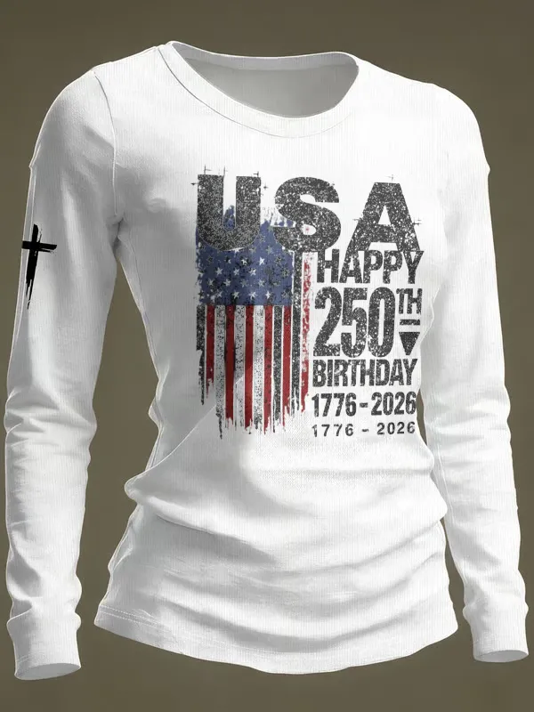 Ladies' Leisure 250Th Anniversary National Day Celebration Round Neck Long Sleeve T-Shirt
