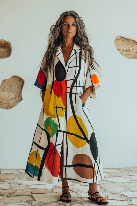 Vintage Loose Linen Patchwork Rainbow Contrast Dress 53ba