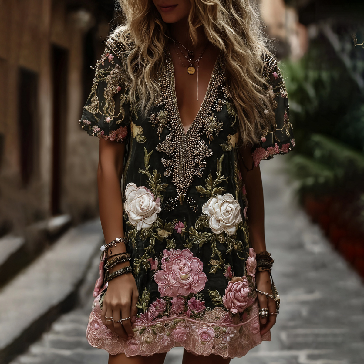 Women's Classic Romantic Pink Rose Embroidery Art Comfy Linen Mini Dress