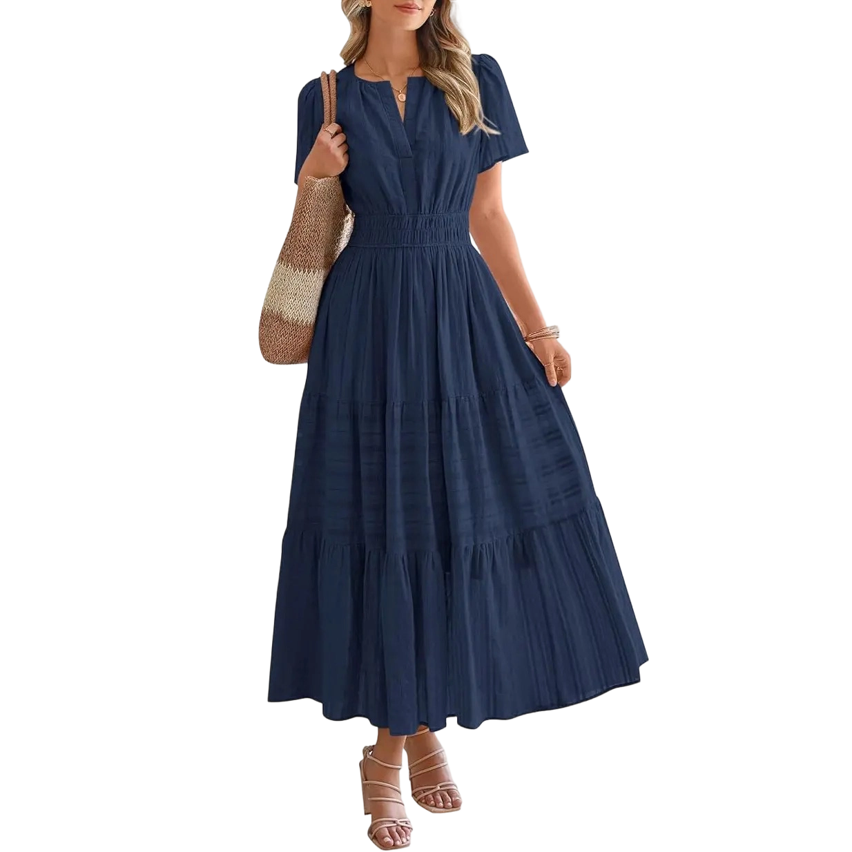 Women's Summer 2026 Casual Maxi Dress Lightweight Short Sleeve V Neck Boho Dress with Pockets