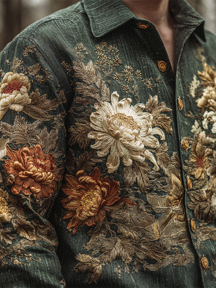 Vintage Japanese Chrysanthemum Embroidery Art Men's Linen Long Sleeve Shirt