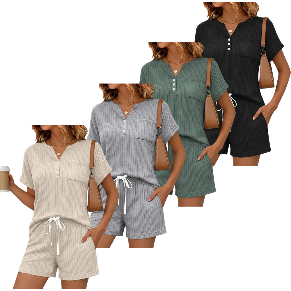 2 Piece Short Sets for Women Summer 2026 Lounge Short Sleeve Henley Outfits Sweatsuit with Pocket