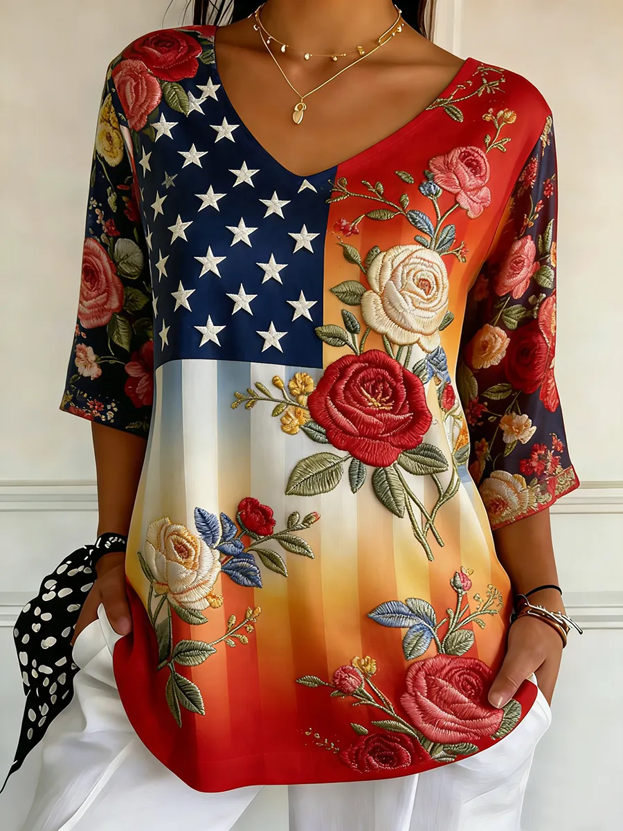 Women's Patriotic Rose Floral Gradient American Flag V-Neck Top