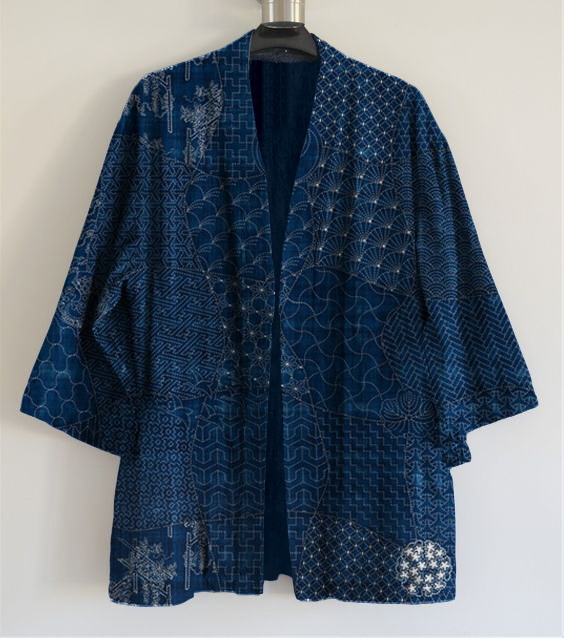 Japanese Traditional Sashiko Art Linen Blend Kimono Cardigan