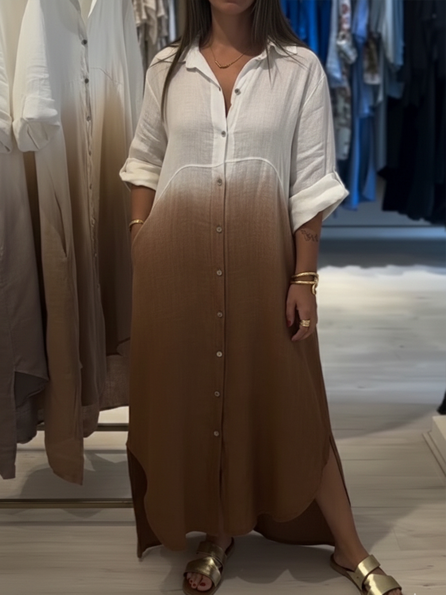 Casual Gradient Color Linen And Cotton Shirt Dress