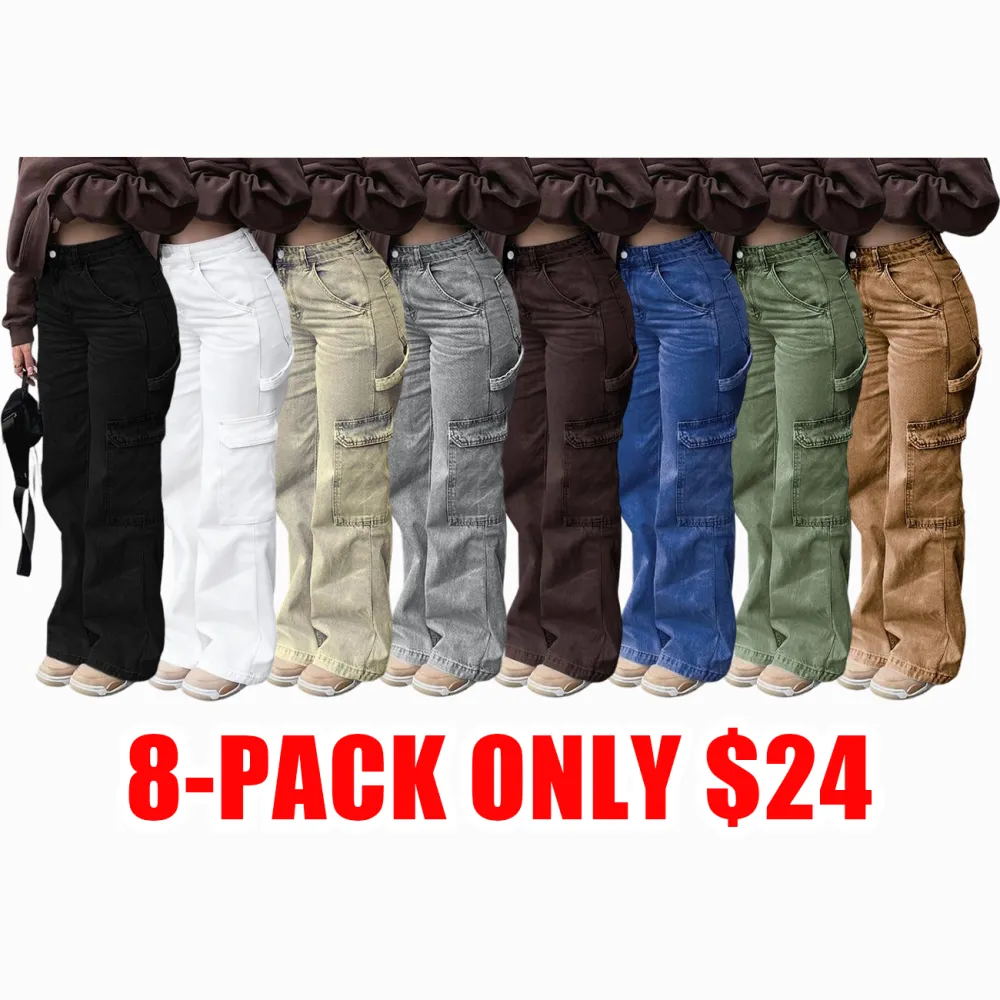 Women’s High-Waist Wide Leg Cargo Jeans with 6 Pockets