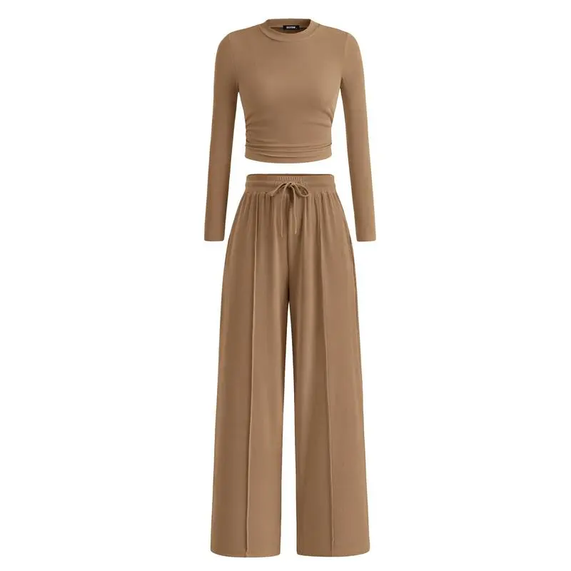 ✨2-Piece Ribbed Knit Long Sleeve Crop Top Wide Leg Pants Lounge Set🔥