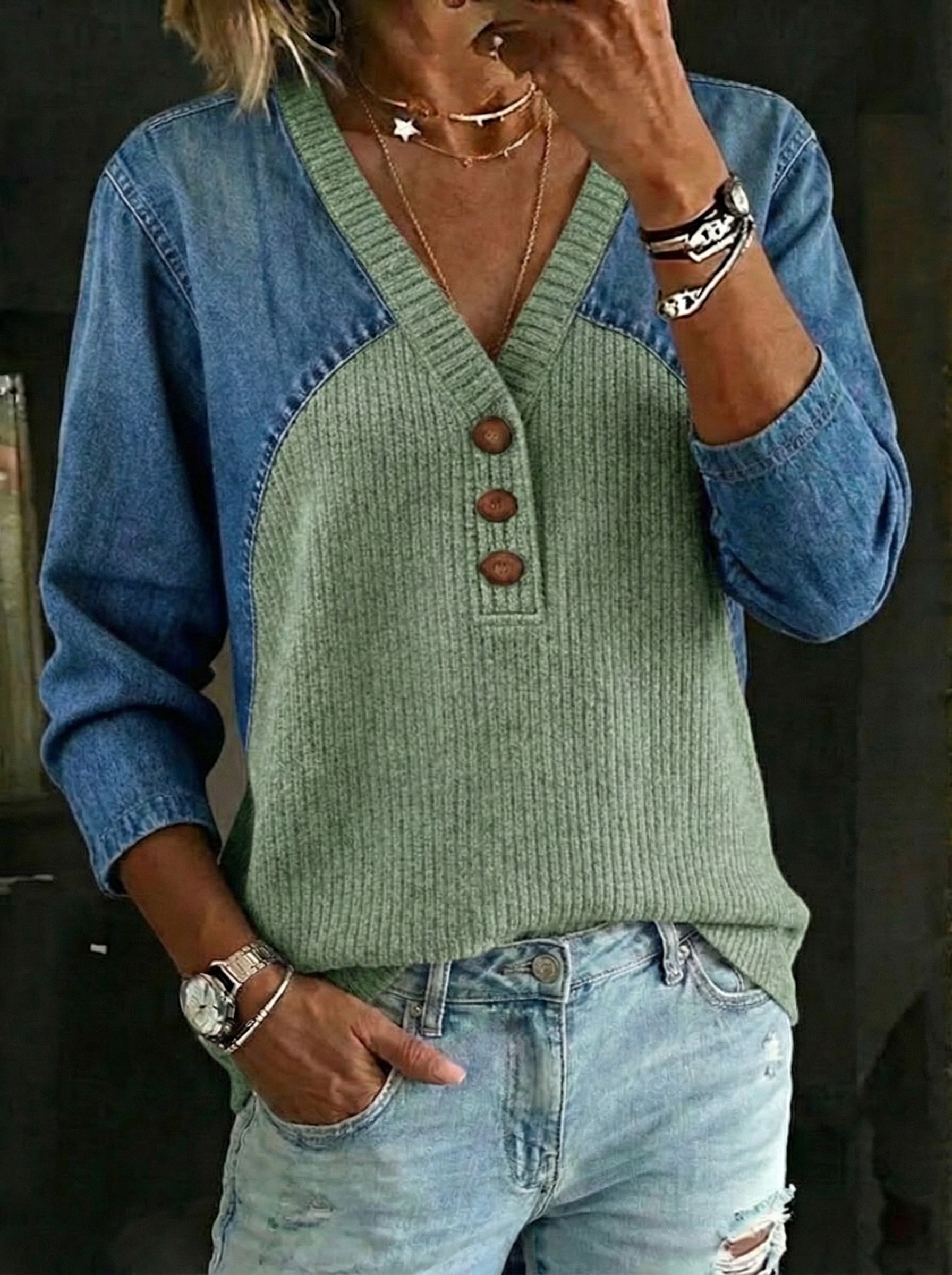 Women's Retro Casual Denim And Cotton Knit Sweater