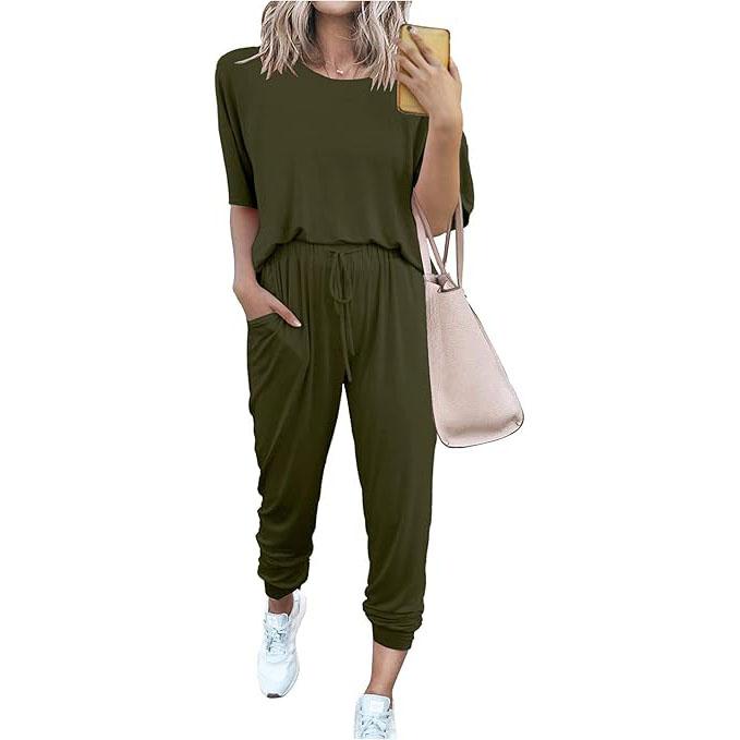 Women's 2-Piece Set Summer Outfits Crew Neck Short Sleeve Tracksuit Jogger Set With Drawstring and Pockets Comfy Lounge Wear