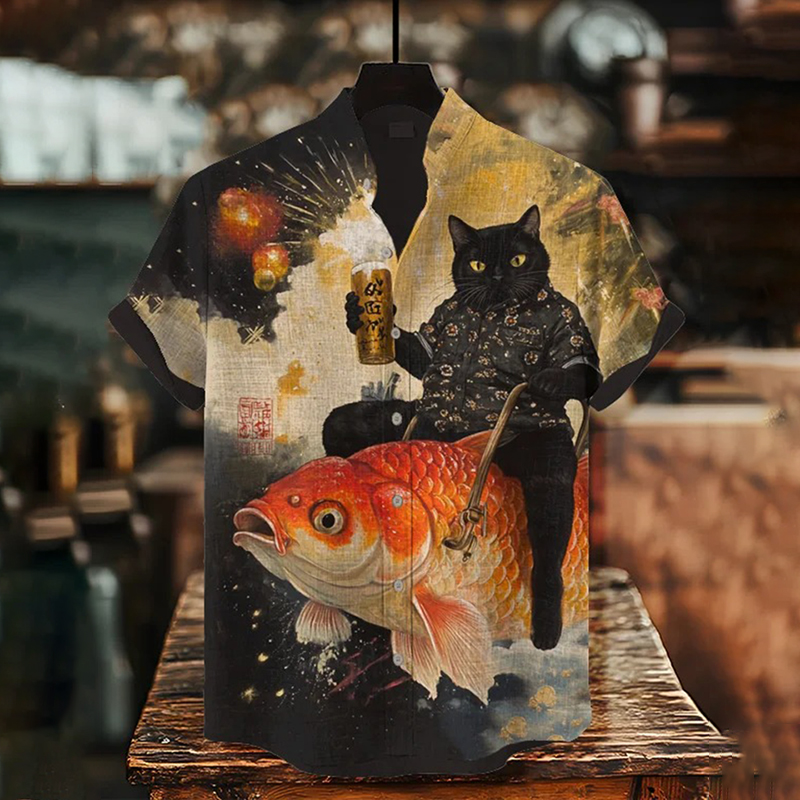 Men's Black Cat Holding Beer And Riding Goldfish Art Print Casual Shirt