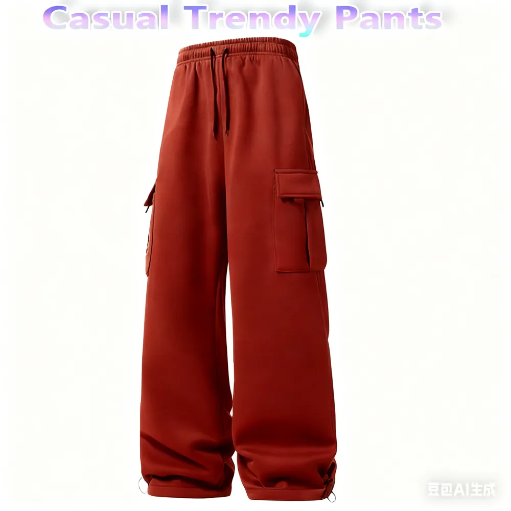 Unisex Casual Loose Waist Straight Pants with Drawstring & Pockets