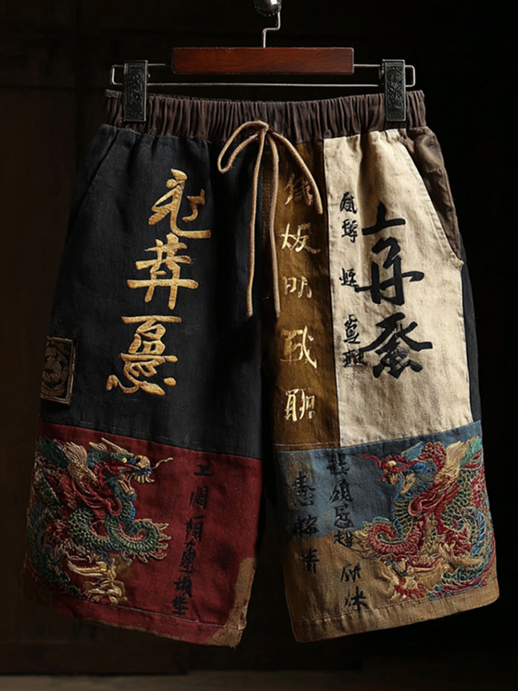Men's Japanese Dragon Pattern Color Block Linen Casual Shorts