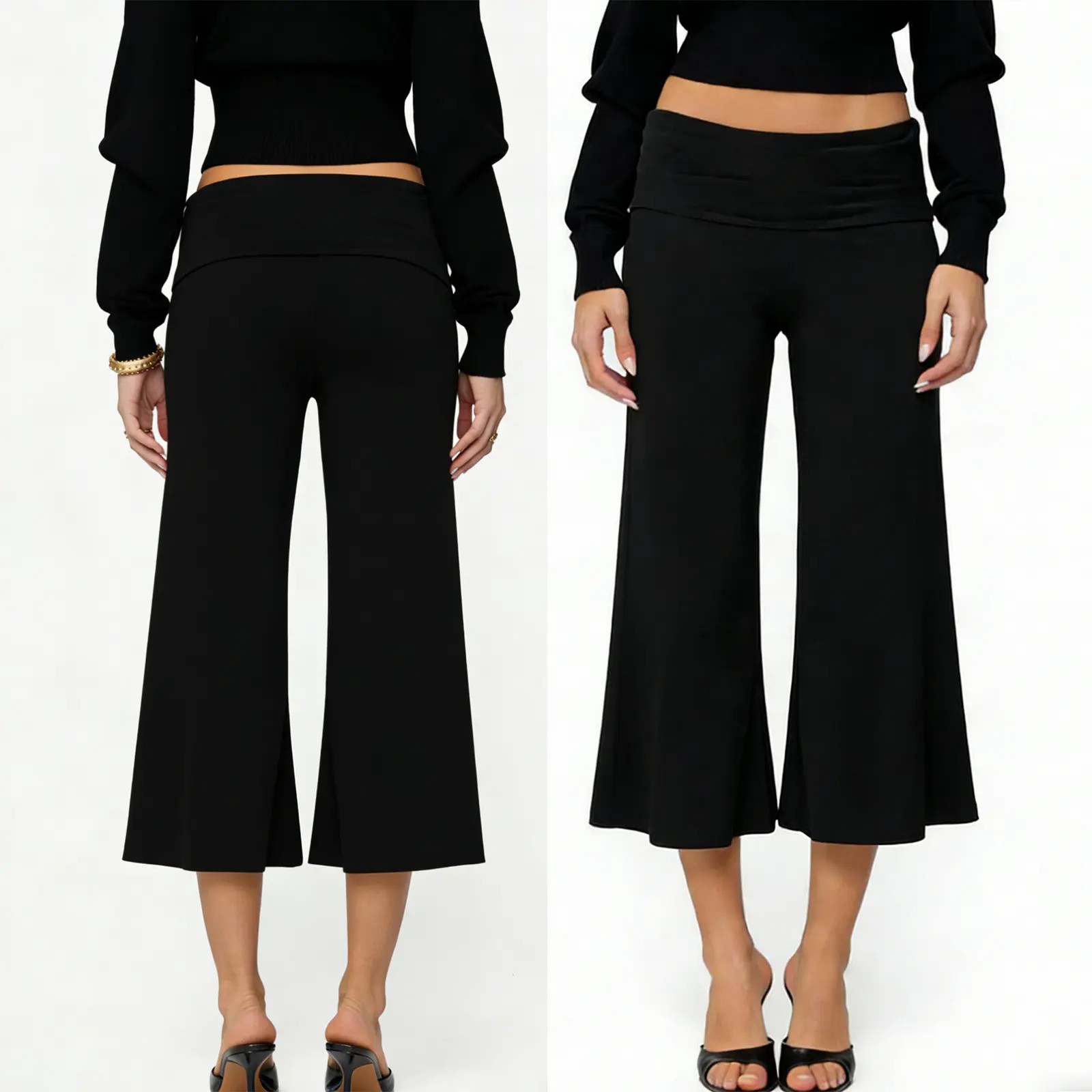 Casual Wide-Leg Culottes for Women - Fold-Over Waist Cropped Pants